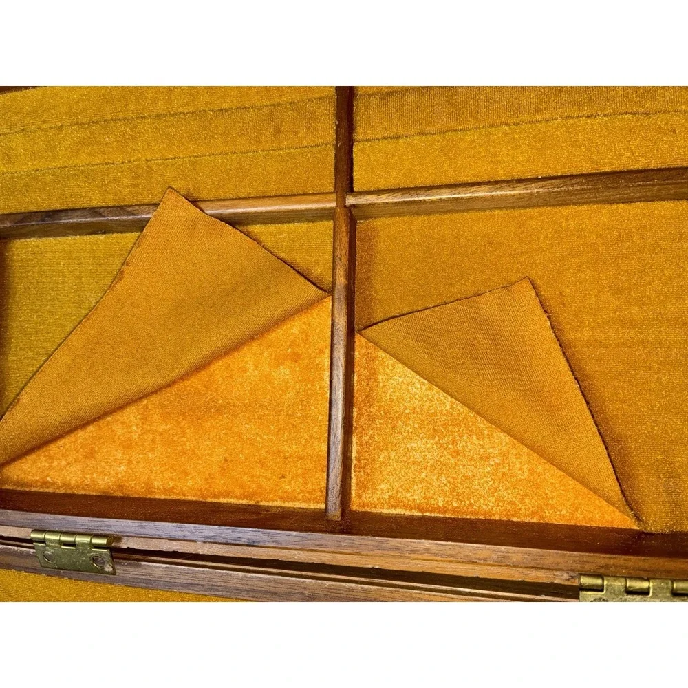 Jewelry Box Geometric Wood Carved Side Velvet Mustard Lining Vintage MCM *flaws